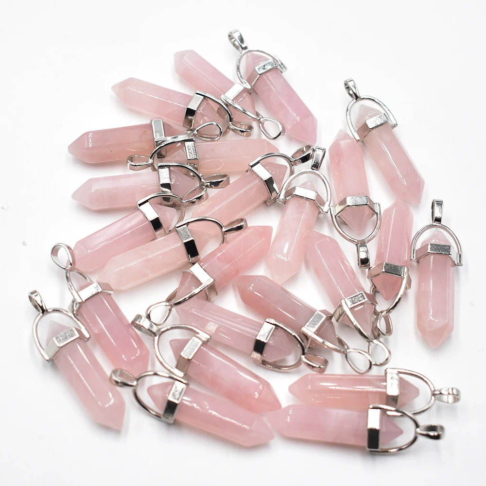 Wholesale 24 50 100pcs/lot natural stone rose quartz pillar shape point Chakra charms pendant for jewelry making free