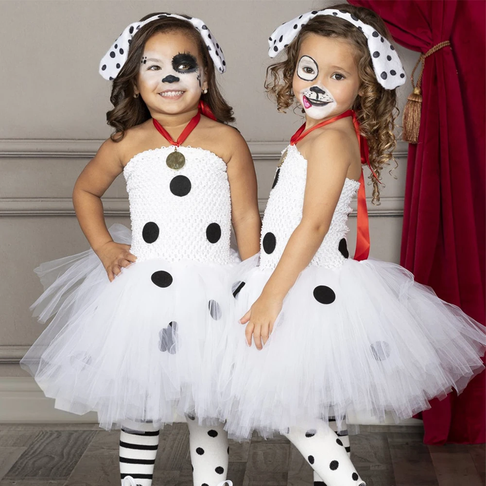 Dalmatian Dog Costumes for Girls Animal Halloween Cosplay Dresses for Kids Spotted Puppy Tutus Children Birthday Party Outfits