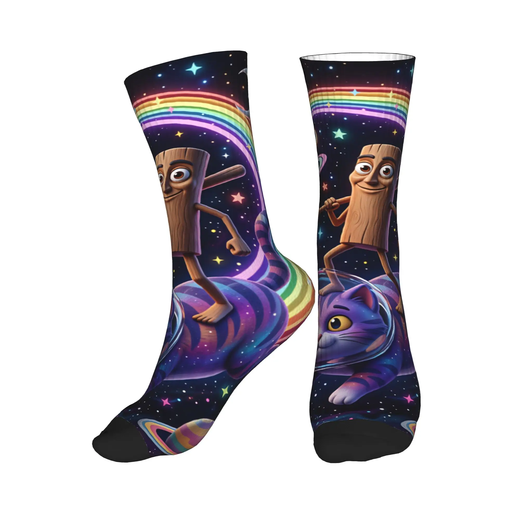Tung Tung Sahur Rainbow Space Cat Funny Meme Socks Autumn Stockings Men Soft Breathable Socks Graphic Cycling Non-Slip Socks