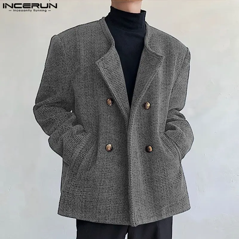 INCERUN Men Autumn Winter Coat Long Sleeve Crew Neck Vintage Style Textured Double Breasted Jacket Fashion Outwear Male Clothing