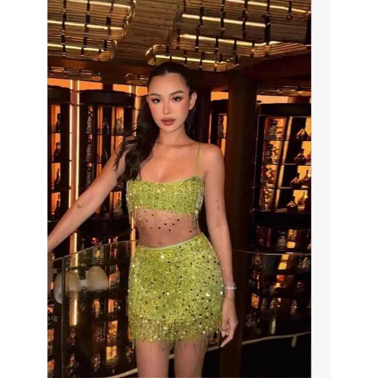 

Fashionable Sequin Trim Halter Skirt Set Sexy Trendy Fringe Detailing Bright Colors Women's Ethnic Stage Costume