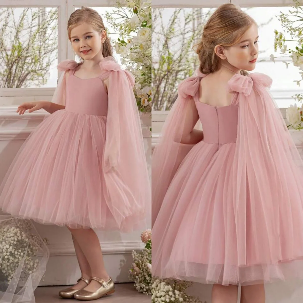

Tulle Elegant Flower Girls' Dresses Bow Spaghetti Straps A-line Fairy Ball Gowns Beautiful Kid's Birthday Party Princess Dress