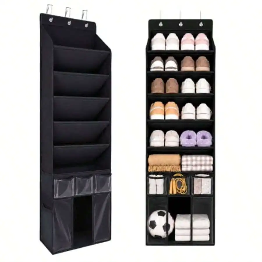 3in1 Over The Door Shoe Organizer With 5 Slanted Compartments, Removable Storage Bin And Transparent Pockets, Thickened Waterpro