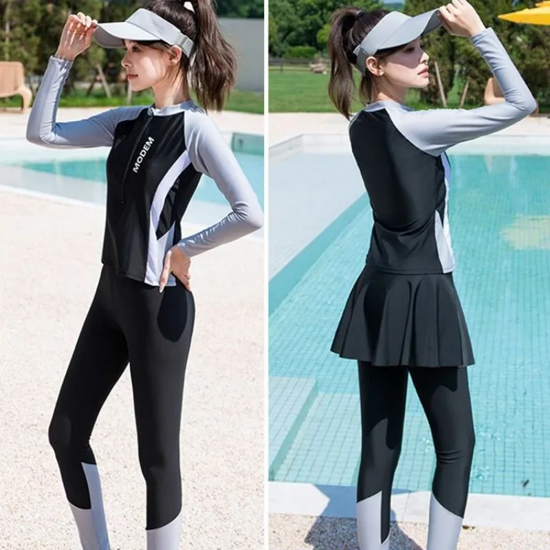 3Pcs Swimsuit Dress Sets Girls Slim Fit Modest Sport Set Sunscreen Diving Silky Women's Swimming Suit Conservative Bathing Suits