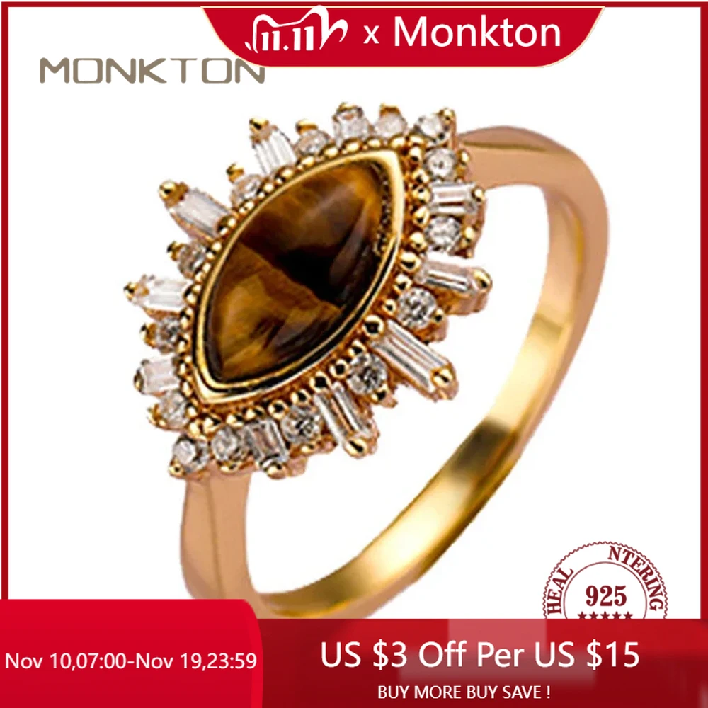 

Monkton 925 Sterling Silver Tiger Eye Ring for Women Luxury 18K Gold Plated Shiny Cubic Zirconia Ring Wedding Jewelry Gift
