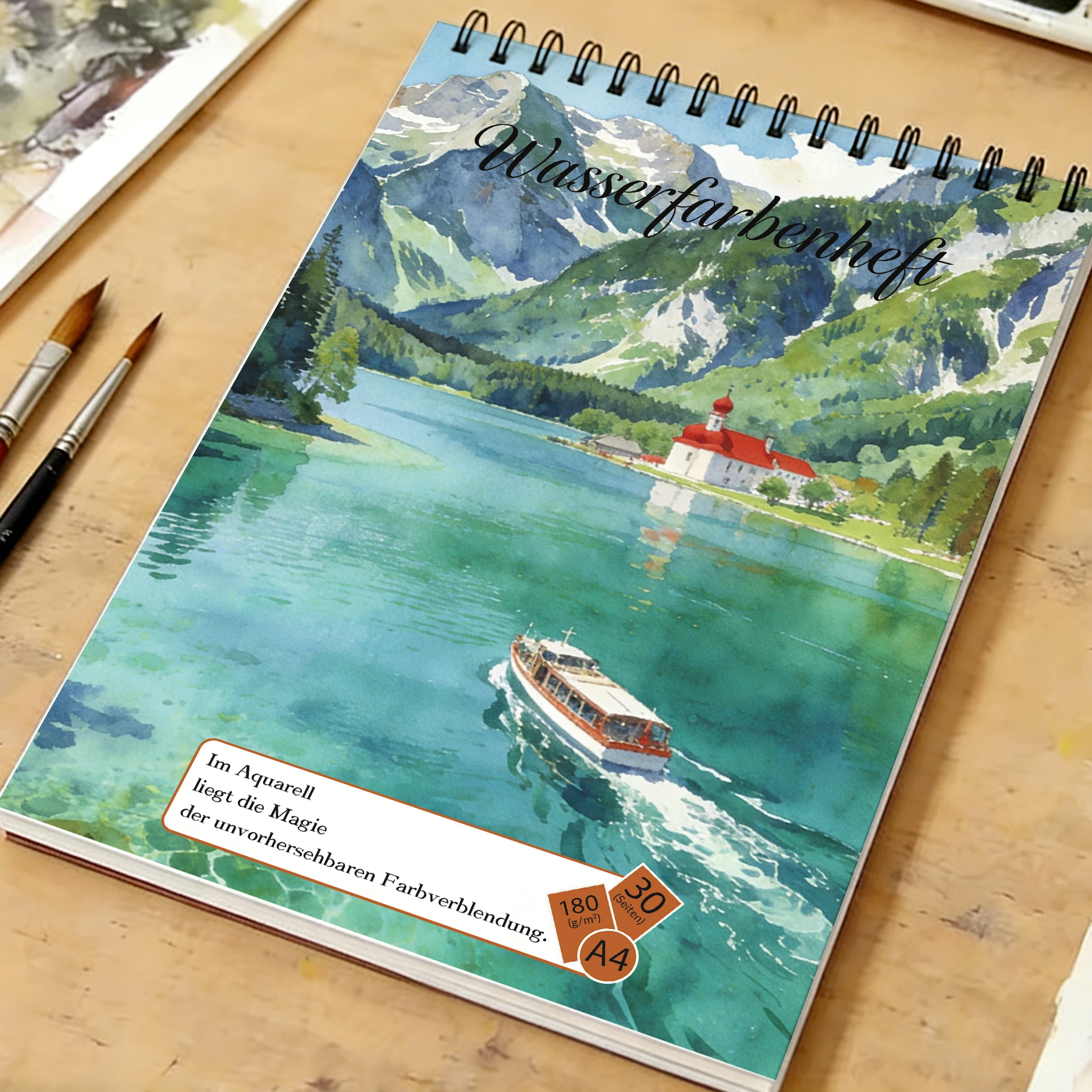 A4 Spiral Watercolor Sketchbook, 100gsm Acid-Free Paper, Lake & Mountain Landscape Cover, Ideal for Art & Sketching, Perfect