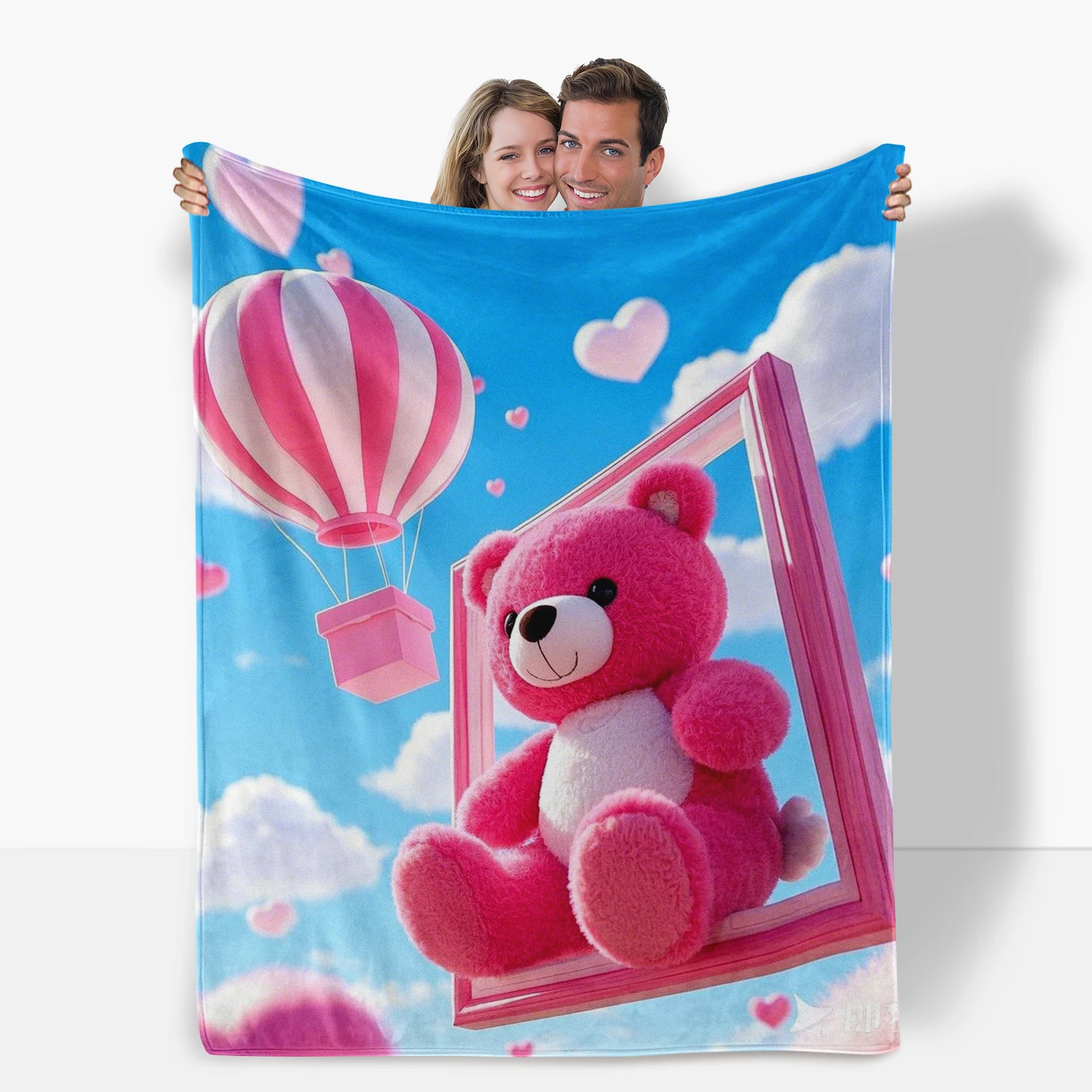 Cozy Flannel Valentine S Blanket Featuring Pink Hot Air Balloon Teddy Bear Cartoon Expressing Love To Your Partner