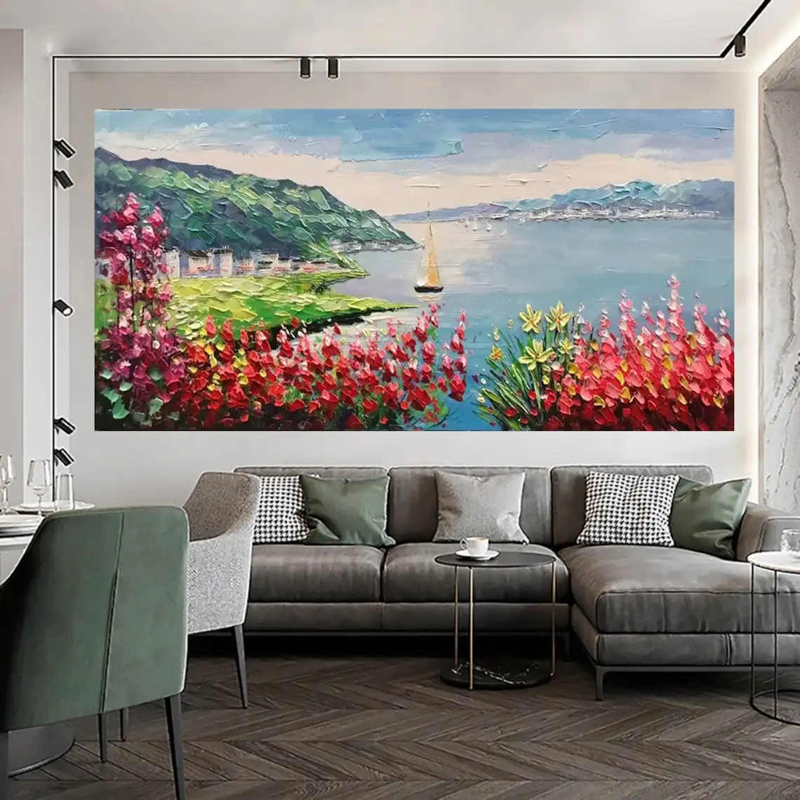 Landscape Handmade Palette Knife Tree of Life Painting Moutain and Red Flower On Canvas Lake Landscape