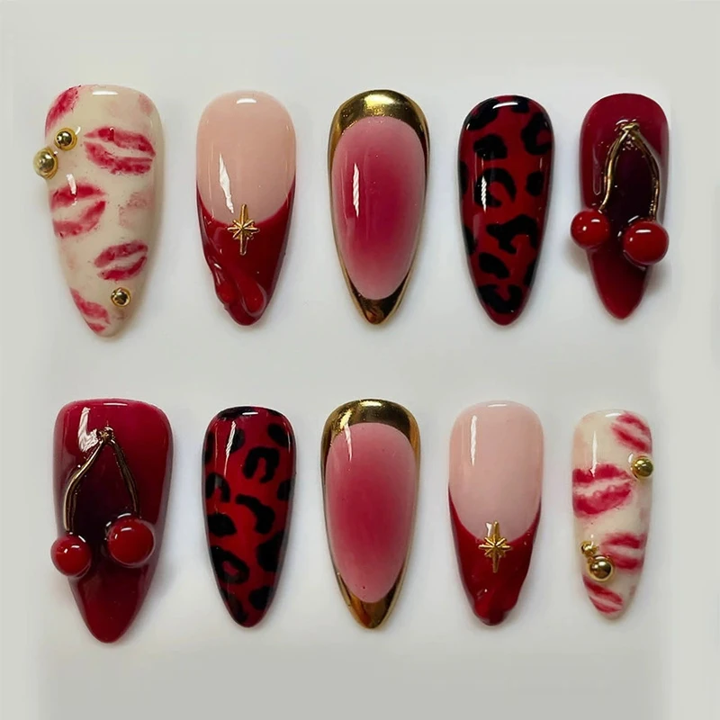 24 szt. Sztuczne Paznokcie Spicy Girl Srebrna Kokarda z Diamentami, Paznokcie na Klej, Migdałowe Paznokcie Doczepiane, Czarne Fajne Paznokcie Migdałowe w Stylu Y2k