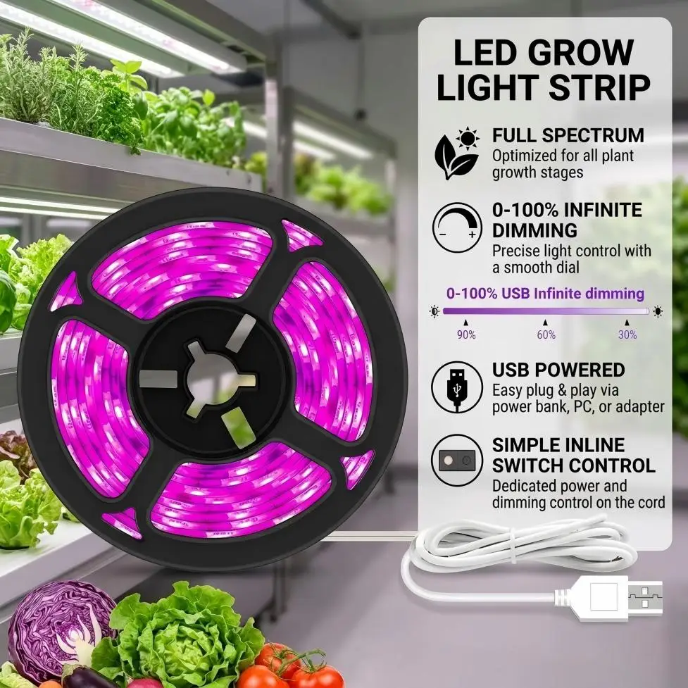 DC5V USB Full Spectrum LED Grow Light Strip 60LEDs/M Touch Dimmable 1-5M Phyto Light for Seedling Vegetable Flower Plant Growing