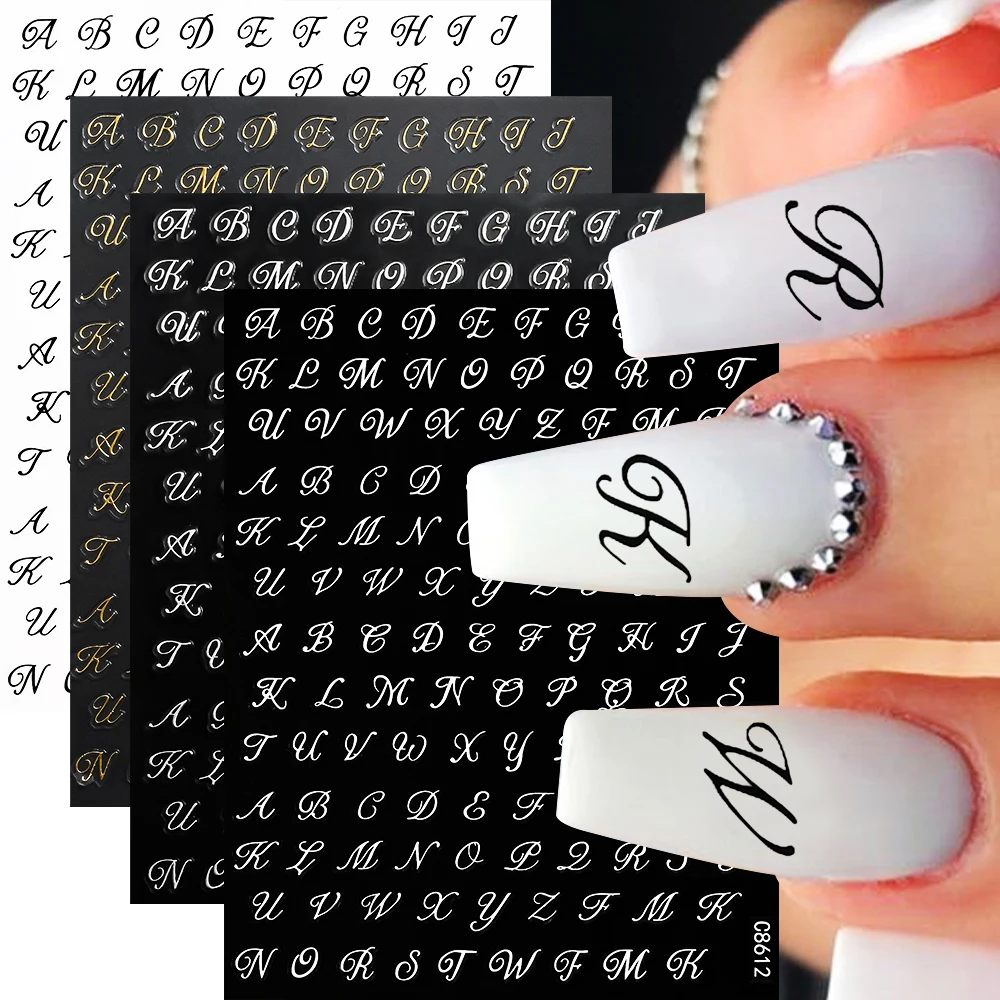 Pegatinas de uñas con letras romanas, diseños góticos, letras en inglés, negro/Blanco/dorado/plateado, autoadhesivas, DIY, 4 piezas