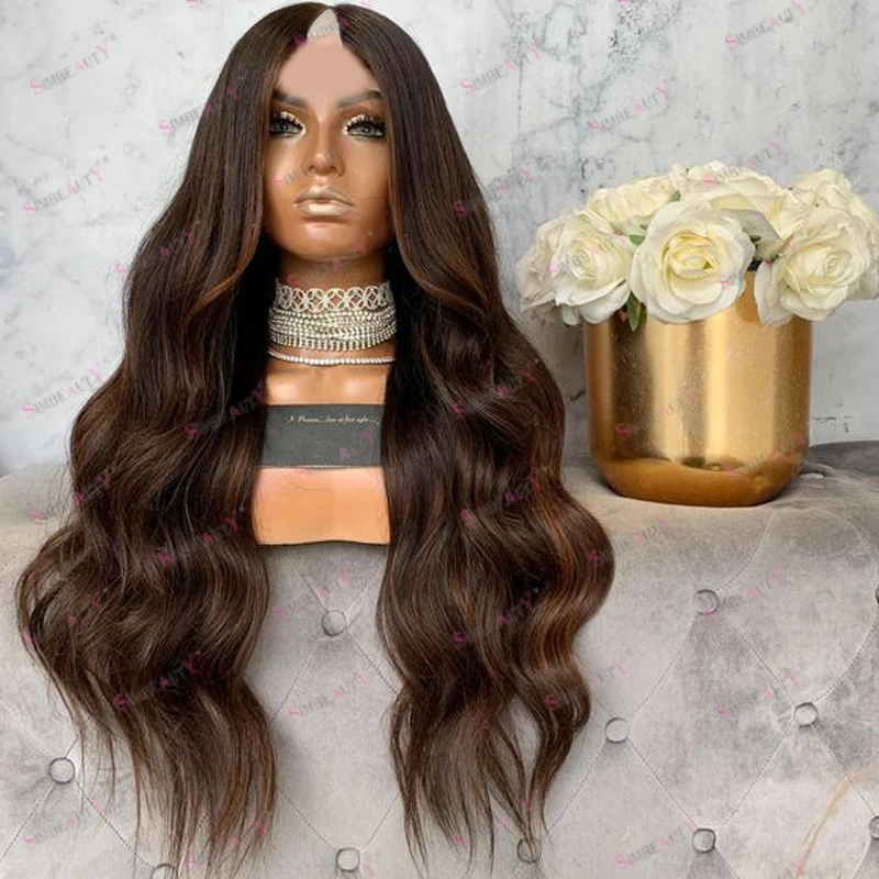 Glueless Long Body Wave Natural Darkest Brown Human Hair 1x4 Middle V Part Wigs for Women Opening V Part Wigs Adjustable Straps