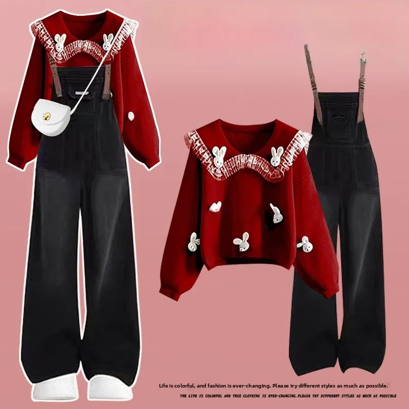 

Cisas Themed Anti-Aging Large Size Spring Autumn Set Women's Faionable Red Knitted Sweater with Denim Overalls Two-Piec...