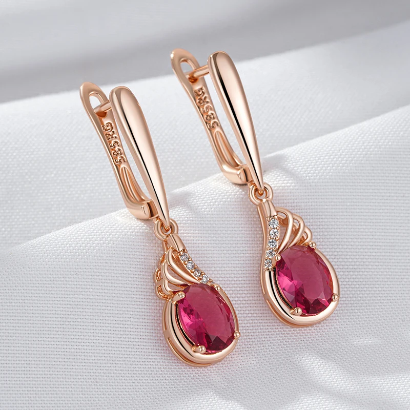 Kinel Shiny Red Oval Natural Zircon Drop Earrings for Women Fashion 585 Rose Gold Color Vintage Wedding Party Fine Daily Jewelry