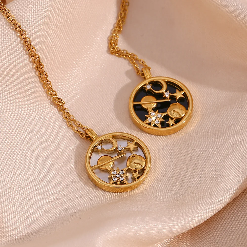 

18K Gold-plated Stainless Steel Moon Earth Star Pendant Necklace For Women Girls Vintage Shell Coin Necklaces Fashion Jewelry