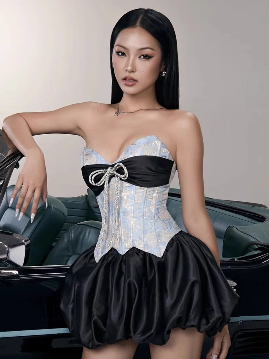 VGH Designer Slimming Hit Color Mini Dresses For Women Strapless Sleeveless Backless High Waist Spliced Bowknot Dress Female