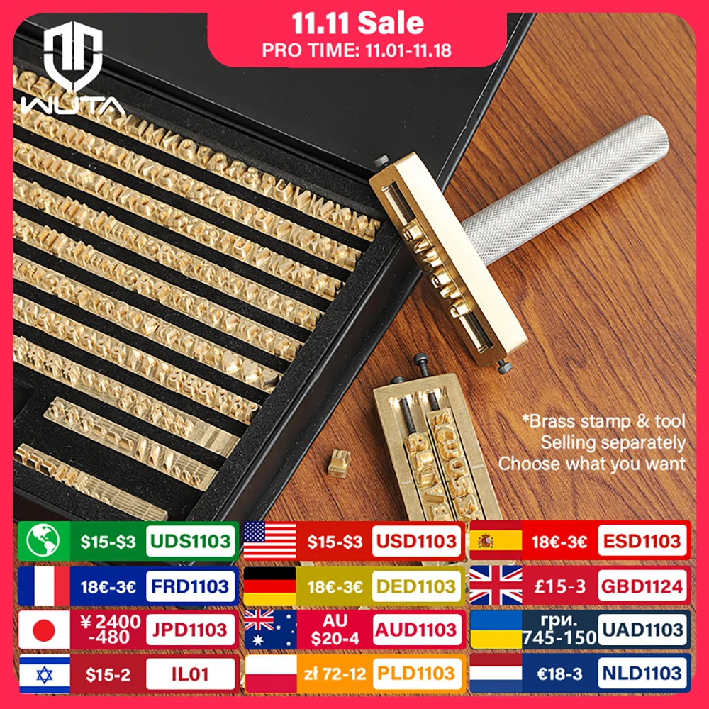 WUTA Brass Movable Stamps (Option:26pcs Letter/10pcs Number/Symbol/1pc Slot Holder/ 90-264pcs Set) for Hot Foil Stamping Machine