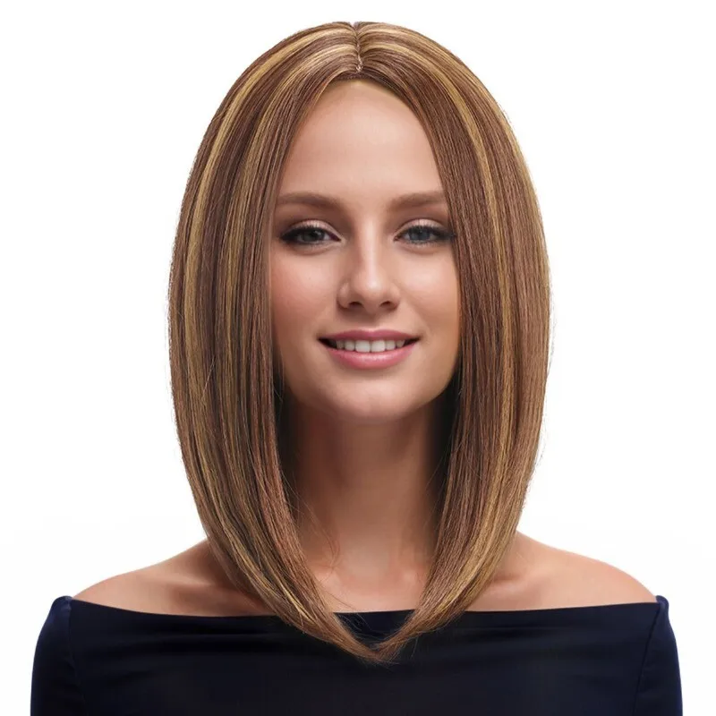

Women Wig Short Straight Wig Girl Brown Golden Hair Human Hair Wig+Wig Cap