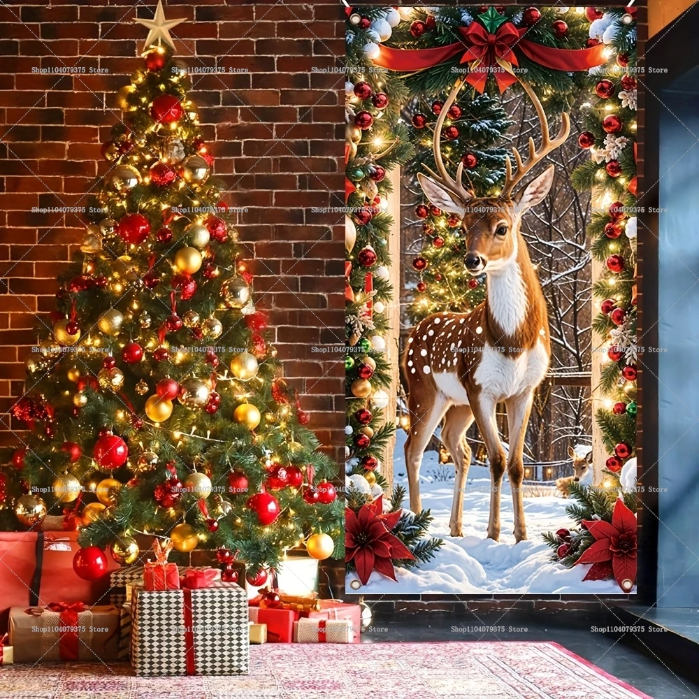 Arrière-plan de photographie de porte de renne de Noël, décoration de fête de carnaval, bannière de photomaton, décoration murale de salle