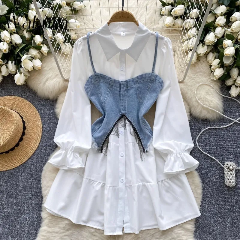 WAKUTA American Retro Lady's Versatile Western-style Tassel Denim Tanks French Shirt Dress Fall Two-piece Set Кастюмы Для Женщин