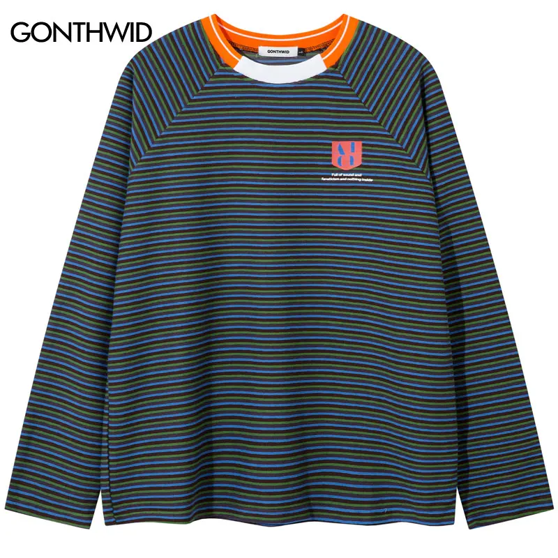 Harajuku Shirts Y2K Hip Hop Pinstripe Striped Patchwork Long Sleeve T-Shirt Streetwear Mens Vintage Casual Baggy Tops Tee