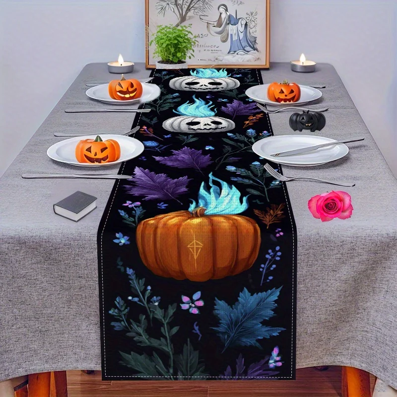 

1 шт. настольный флаг на тему Хэллоуина, узор пламени тыквы с черепом, подходит для вечеринки, ресторана, дома, рынка, праздничного украшения.