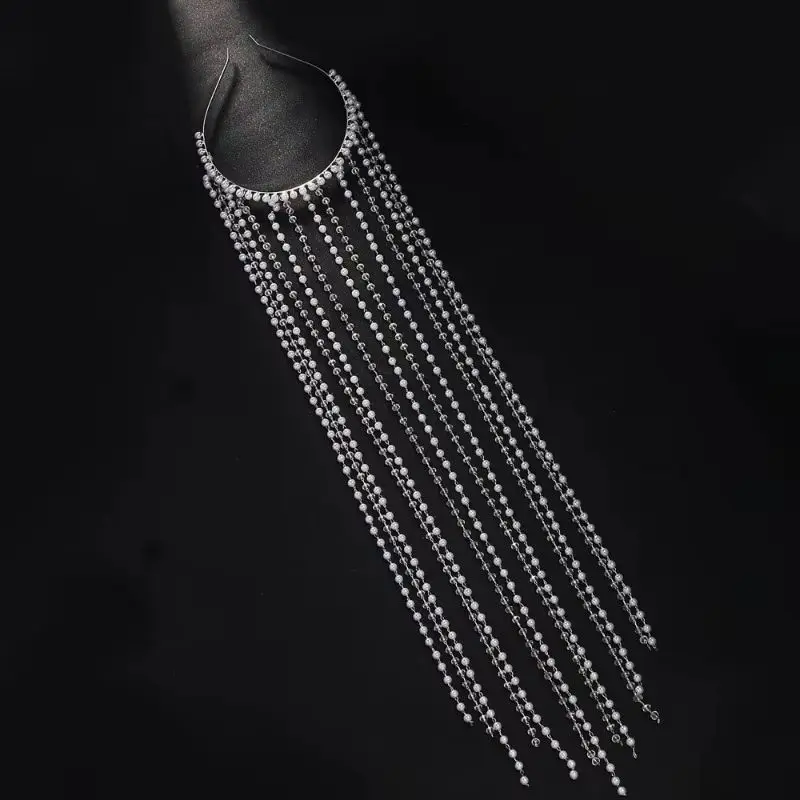 Bridal Wedding Imitation Pearl Long Fringed Headband Cold Heroine European American Style Back Head Hair Chain Hair Accessory