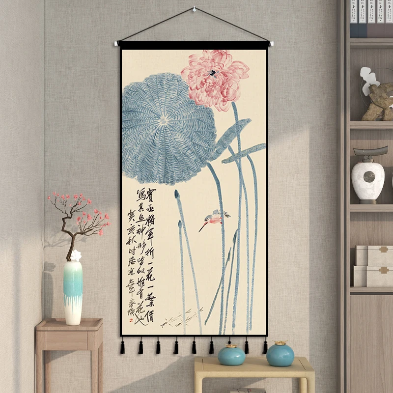 Qi Baishi Shrimp & Lotus Tapestry Wall Hanging- Ink Zen Aesthetic Room Decor for Living Room