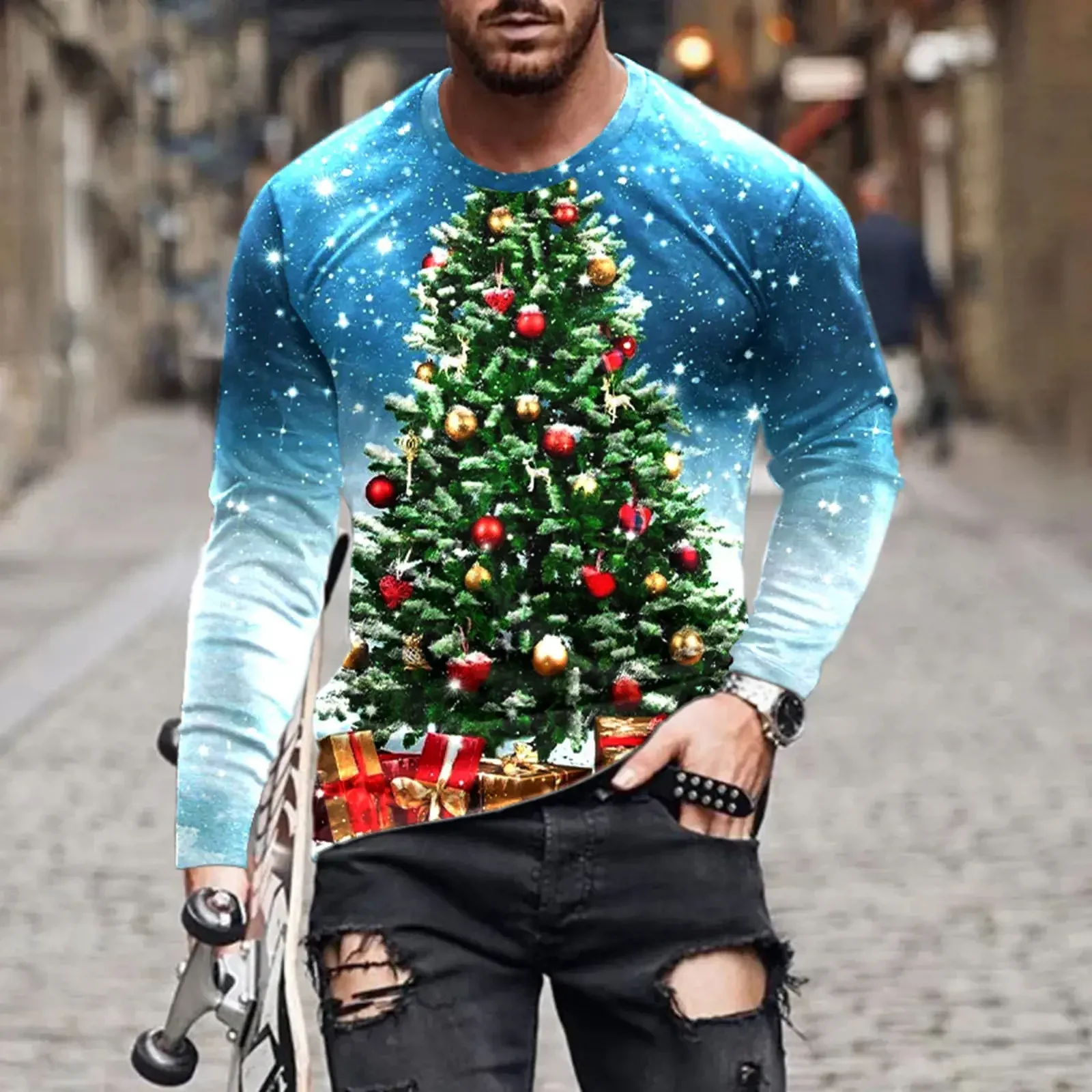 3D Santa Claus Print T Shirt For Men Fashion Christmas Harajuku Cotton Long Sleeve T-shirt Casual O-neck Tops Oversized Pullover