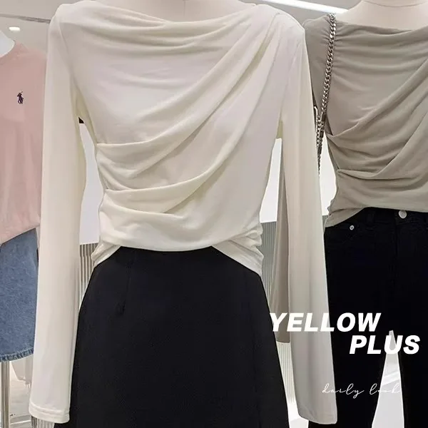 Slimming Pleated Long Sleeve T-Shirt Women's Korean Style Commute Fashion plus Size One Shoulder Design Pure Color Top