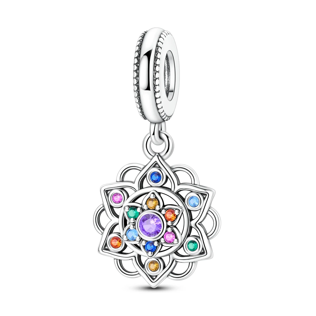 925 Sterling Silver Rainbow CZ Rotating Lotus Charm Fit Women DIY Bracelet Necklace Fashion Jewelry Yoga Spiritual Gift