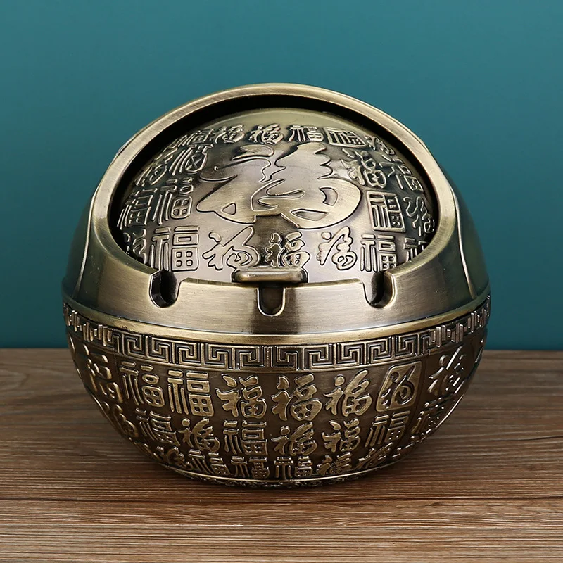 

2025 New Ashtray Zinc Alloy Windproof Semi Closed Cover 3D Enamel Design Globe Ashtray Large-bronze-blessing FU