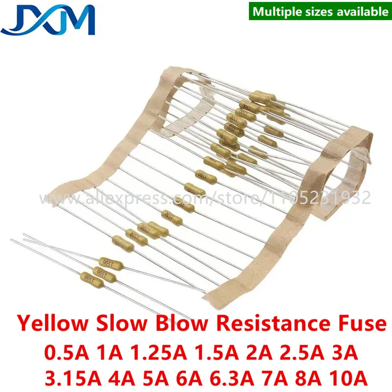 10-20pcs Resistive Fuse 125V 250V 0.5A 1A 1.25A 1.5A 2A 2.5A 3A 3.15A 4A 5A 6A 6.A 7A 10A Yellow Slow Blow Resistance Fuse