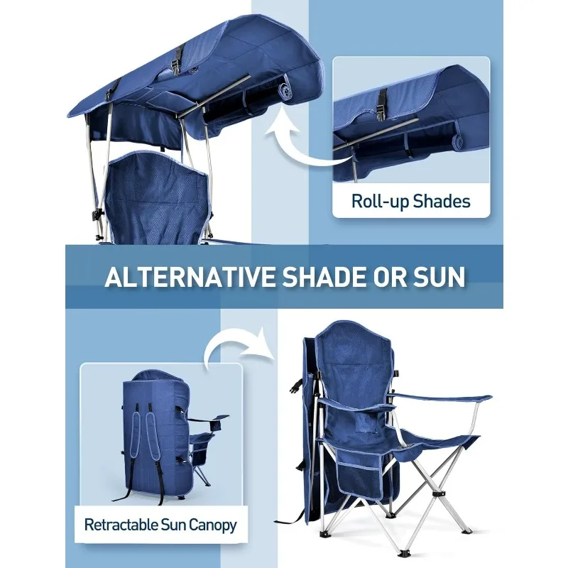 Beach Chair with Canopy Shade, Folding Camping Chair with Canopy with Cup Holder, Side Pocket