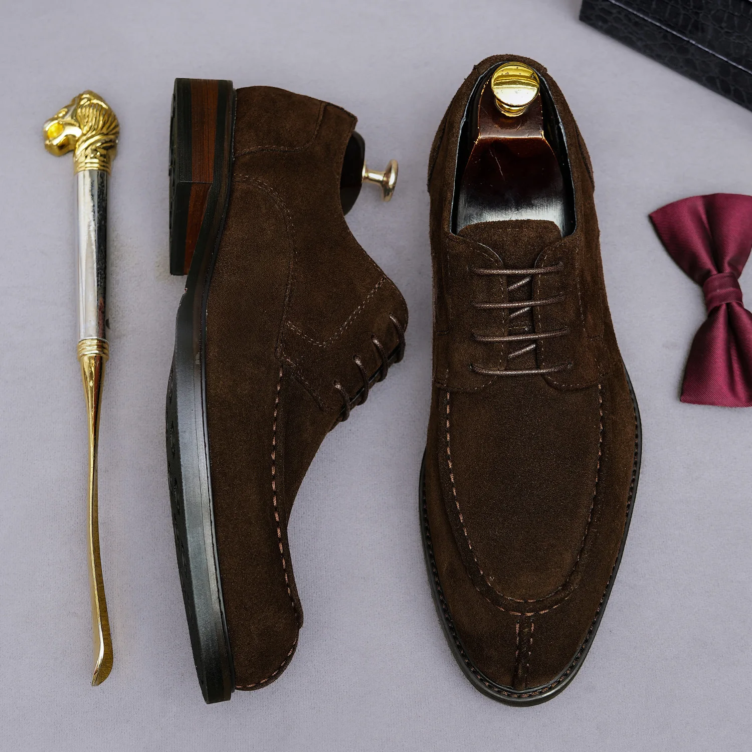 Genuine Leather Suede Derby Shoes Block Heel Lace Up Dress Shoes Hand Stitched Moc Toe Design Classic Formal Business Footwear