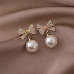 Elegant Pearl BowKnot Stud Earrings For Women Girl Christmas Jewelry Sweet Heart Ball Crystal Drop Earrings Xmas Party Gift