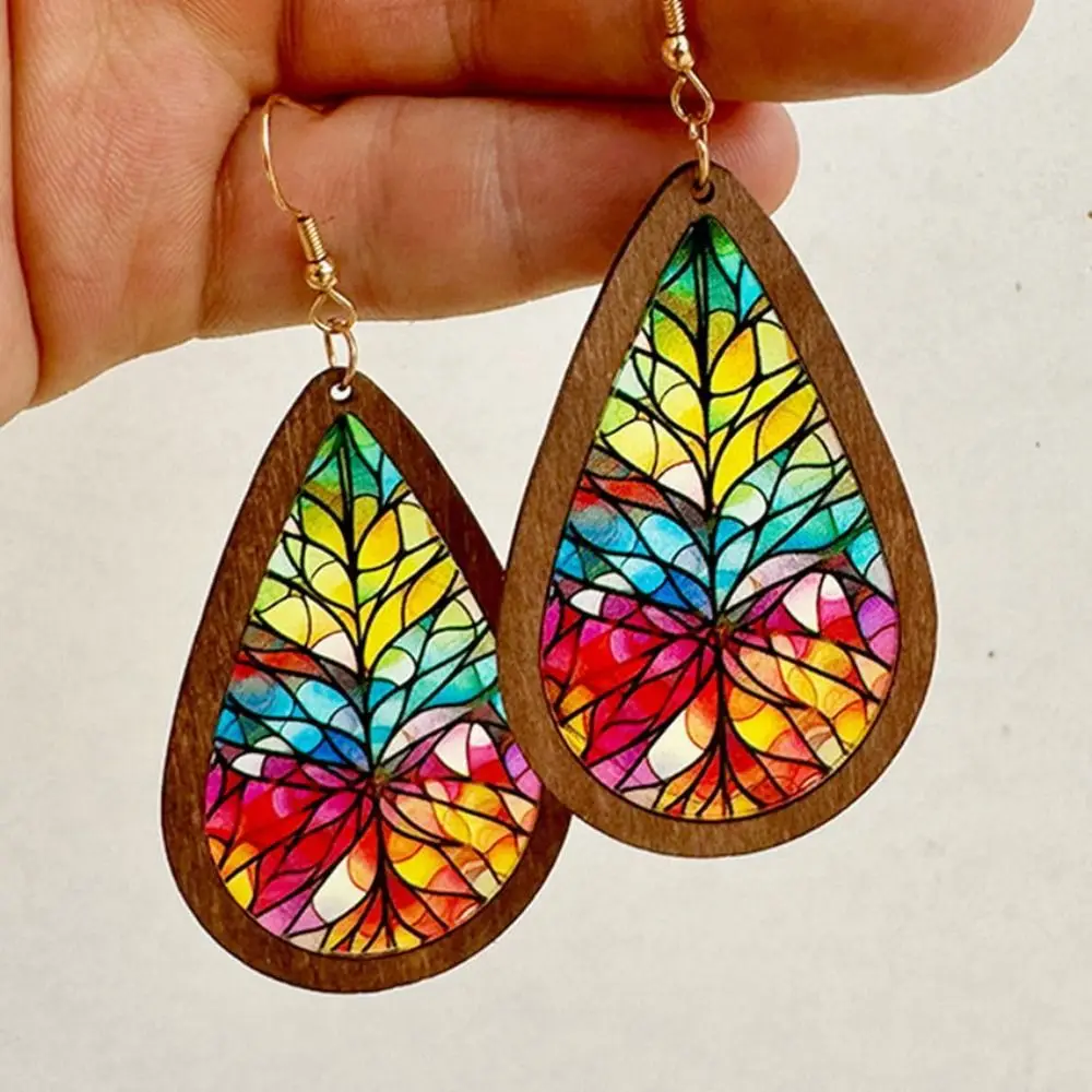 Kaleidoscope Pattern Mosaic Stained Glass Earrings Dangle Earring Vintage Colorful Statement Earrings Bright Wood