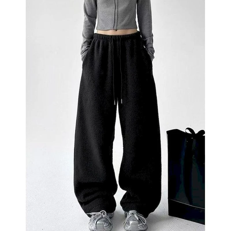 

Women Pants Fleece Sporty Sweatpants Casual Korean Style Leggings Y2k Trousers Lace-up Drawstring Loose Harajuku Women Clothing