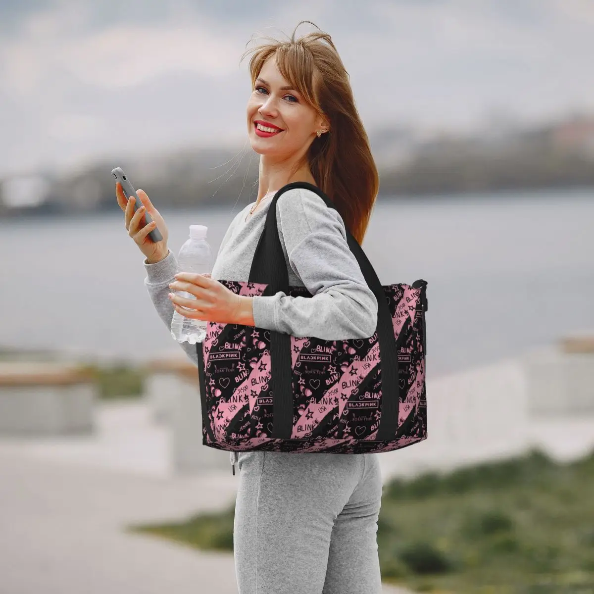 Bolsas de compras personalizadas Kpop Bp Blacks Pinks para comestibles, bolsas de viaje de gran capacidad para gimnasio y playa para mujer