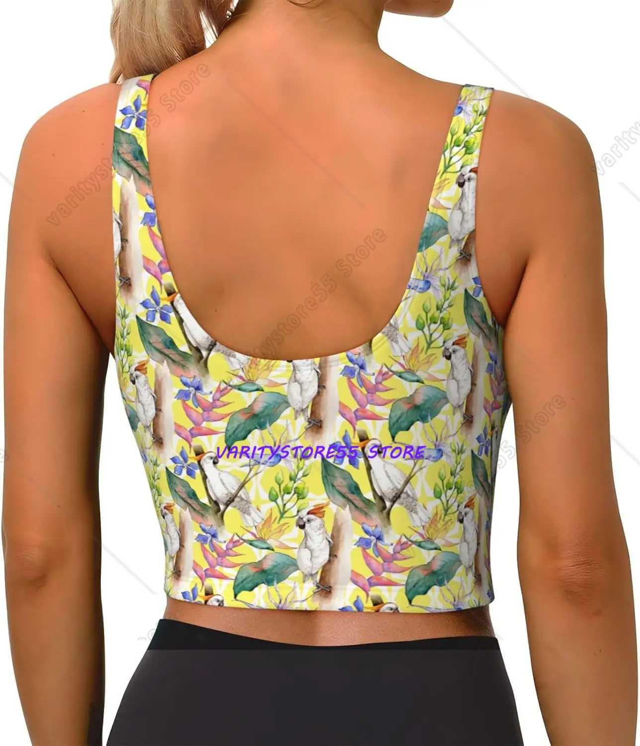 Yellow Tropical Cockatoo Parrot  Jungle Flower Women's Sports Bra Yoga Crop Gym Tank Tops U Back Exercise Workout Top Removable