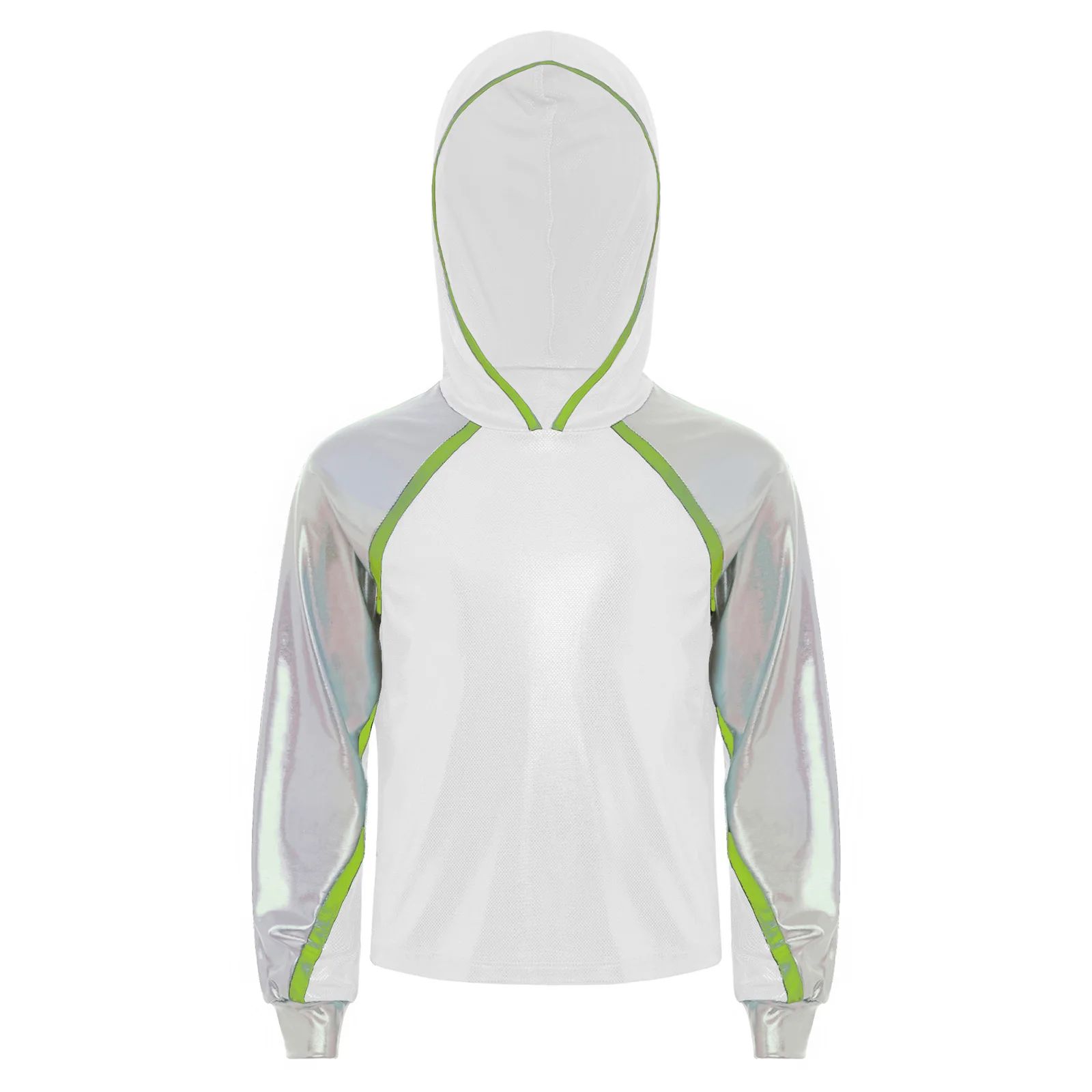 

Kids Girls Jazz Dance Performance Outfit Metallic Hoodie Long Sleeve Hooded Top for Jazz Hip Hop Competition Jazz Dancewear