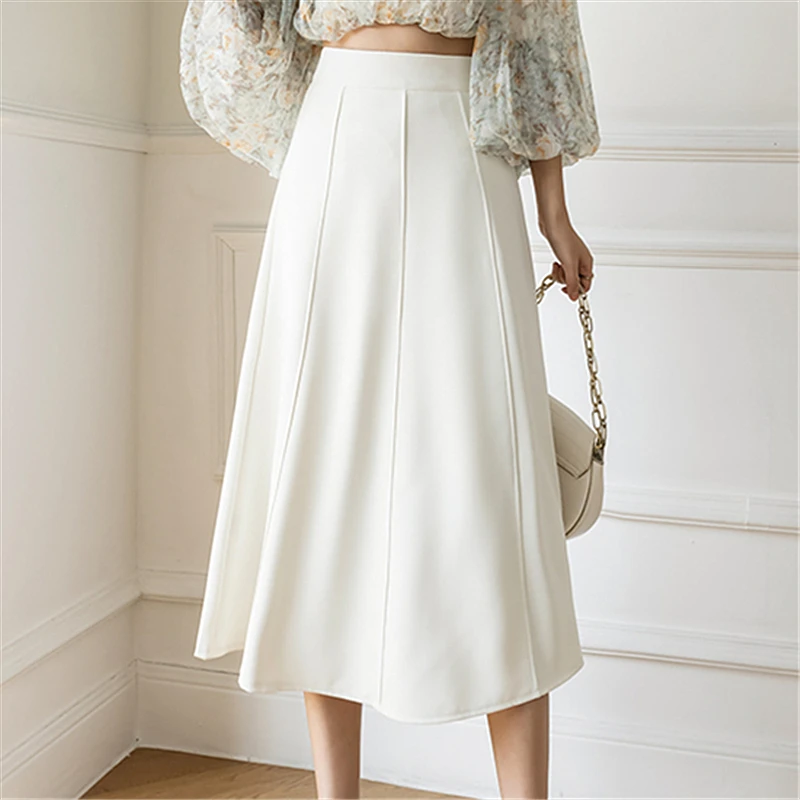 Seoulish 하이 웨이스트 대형 스윙 A라인 스커트, 우아한 단색 오피스 레이디 캐주얼 패치워크 여성 스커트, 2024 가을 신상