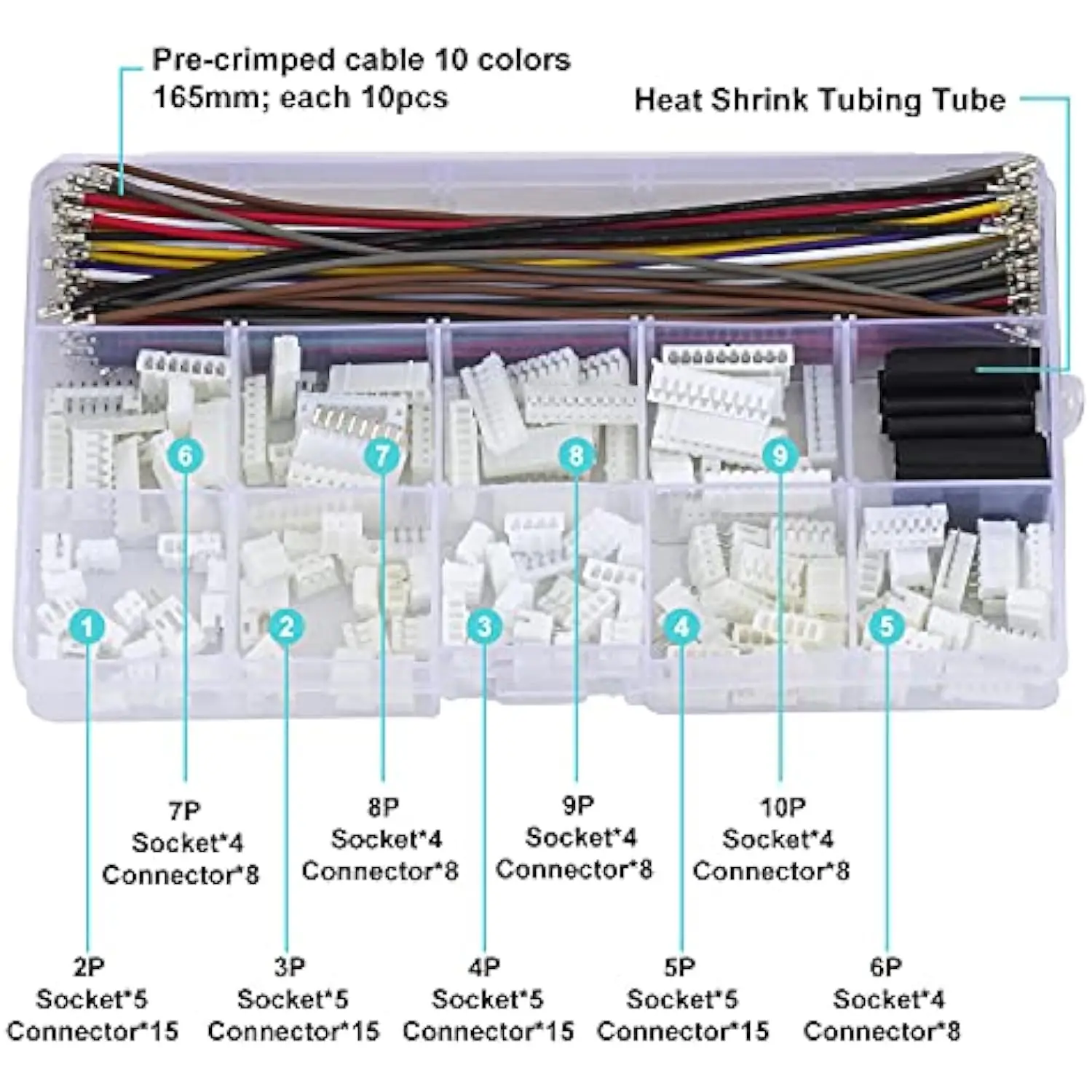 PH 2.0mm JST Connector Socket Kit with Pre-Crimped Cables Wire 2/3/4/5/6/7/8/9/10 Pin Housing 10 Colors 165mm