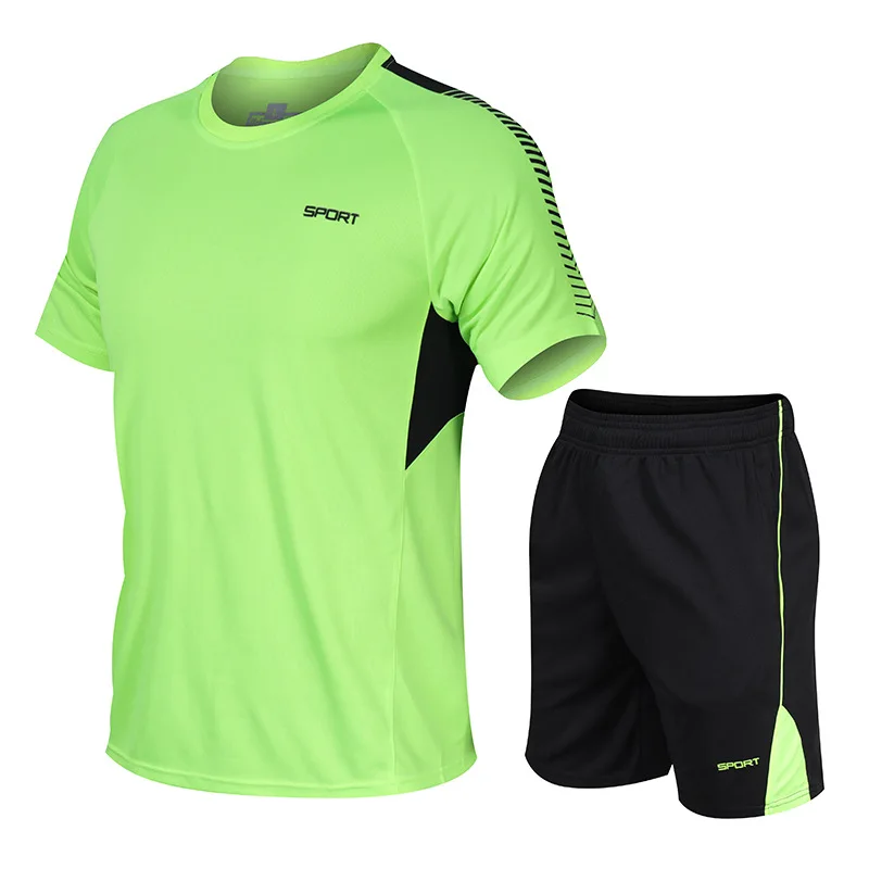 Summer Running Suit Men Quick Drying Breathable Plus Size Sports Set Loose Casual Fitness Short Sleeve Sportswear Two Pieces Set