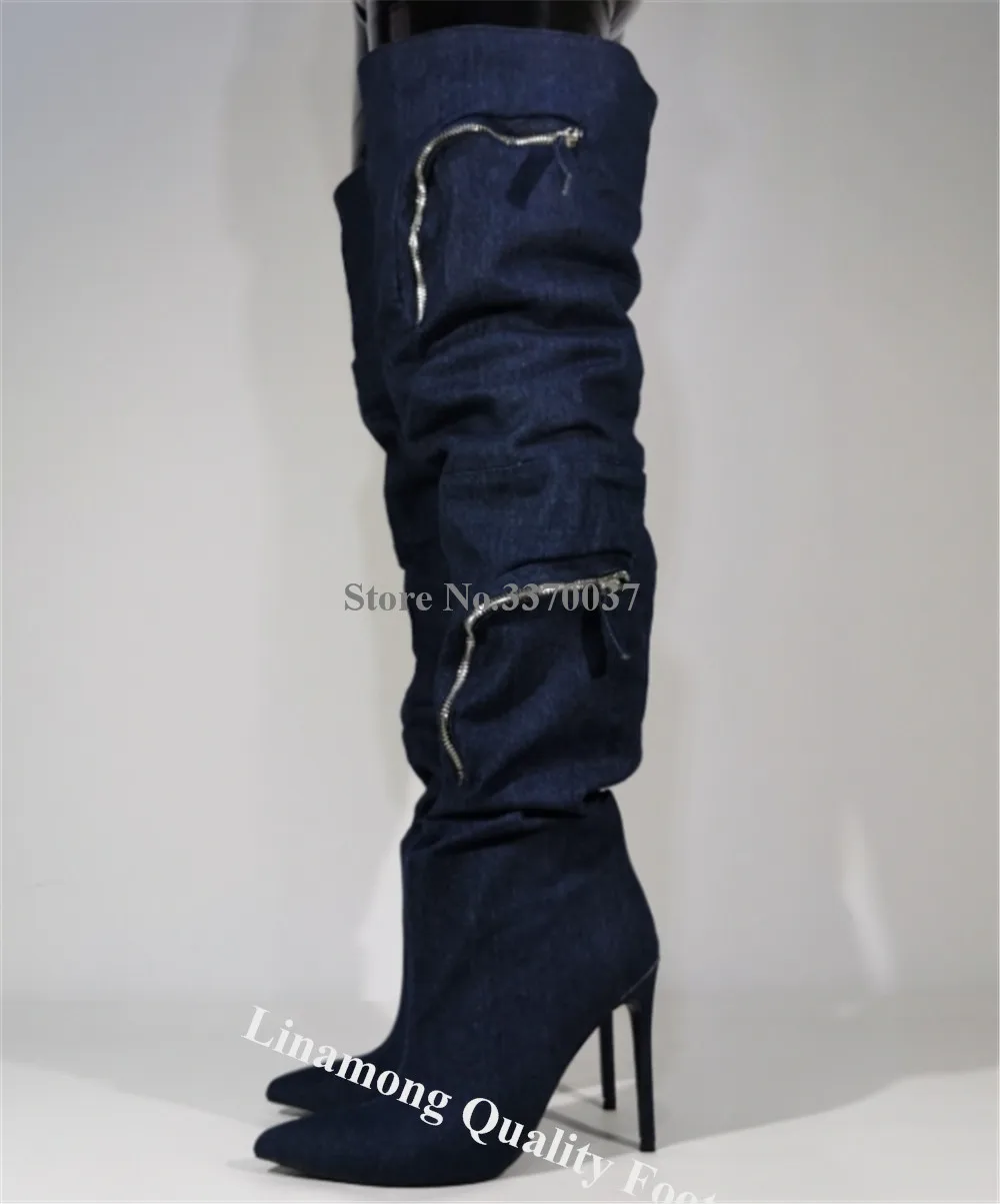 Linamong Fashion Pockets Decorated Stiletto Heel Over Knee Boots Sexy Pointed Toe Blue Denim Zippers Thin Heel Thigh Long Boots