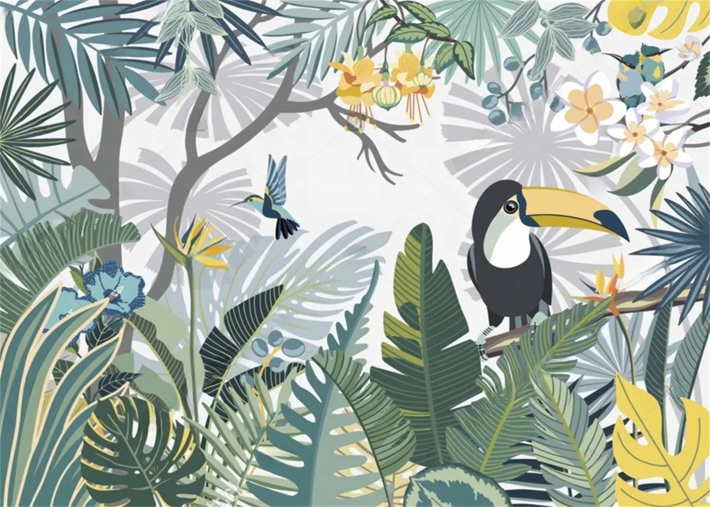 Customized mural of tropical rainforest plants, leaves, wallpaper, rainforest animals, big billed birds, parrots, wall paintings