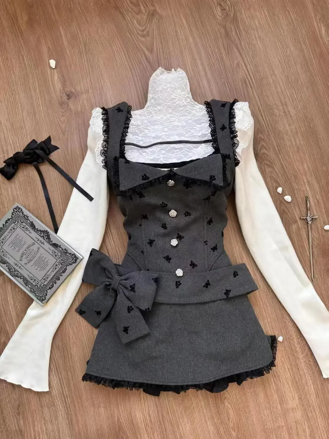 

Autumn Winter New Sweet Cute White Flounce Top + Slim Waist Vest + High Waisted Skirt 3 Piece Sets Womens Outfits Y2k Suits