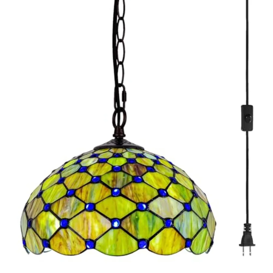 

Stained glass pendant light for living dining room bedroom kitchen home office, pearlescent glass, warm amber, plug-in convenie