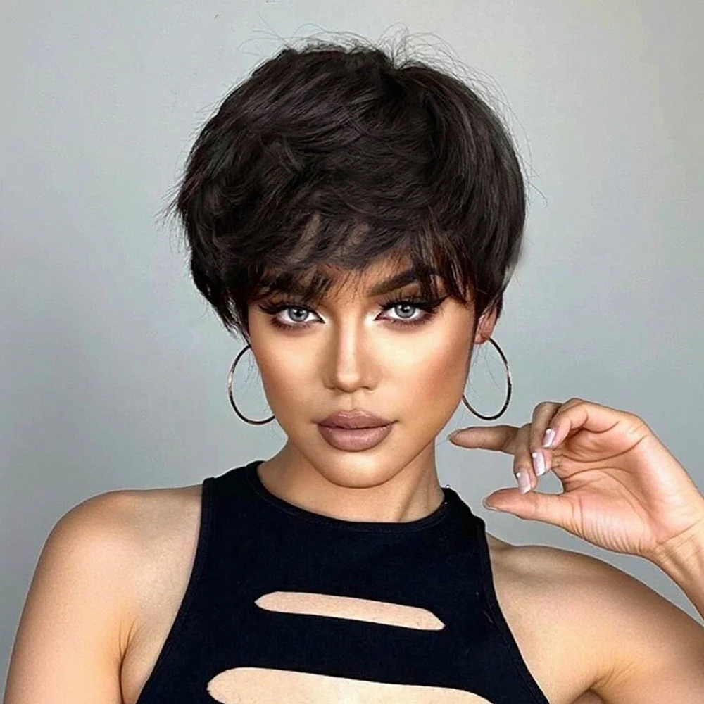 

Парики с стрижкой пикси, короткие прямые волосы, парик с предварительно выщипанной челкой для женщин, многослойные волосы Bazilian Remy, полностью машинная кепка