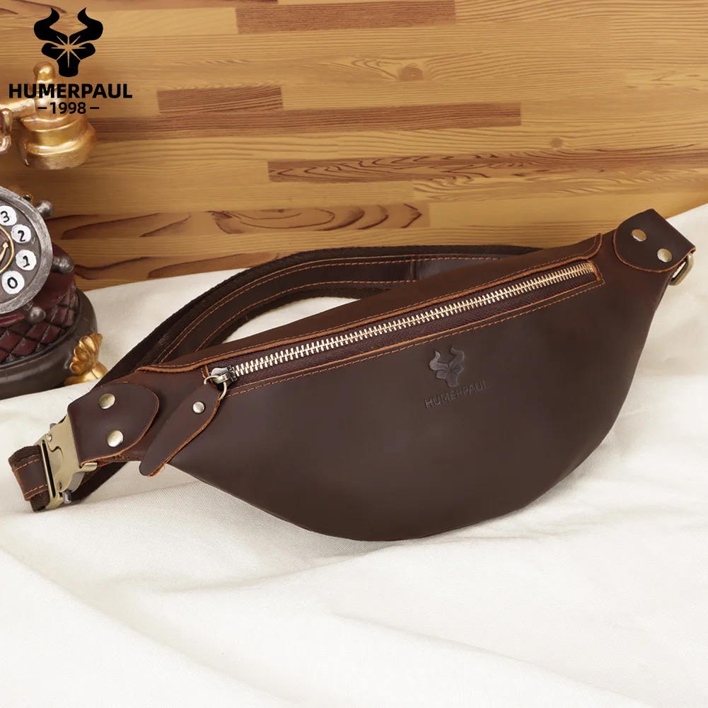 HUMERPAUL 100% Crazy Horse Leather Waist Belt Bags Retro Fanny Pack for Cell Phone Multifunction Outdoor Travel Chest Bag